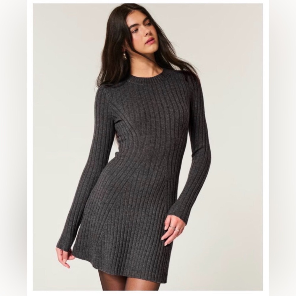 NWT Hollister Charcoal Ribbed Skater Mini Cozy Fall Sweater Dress SMALL